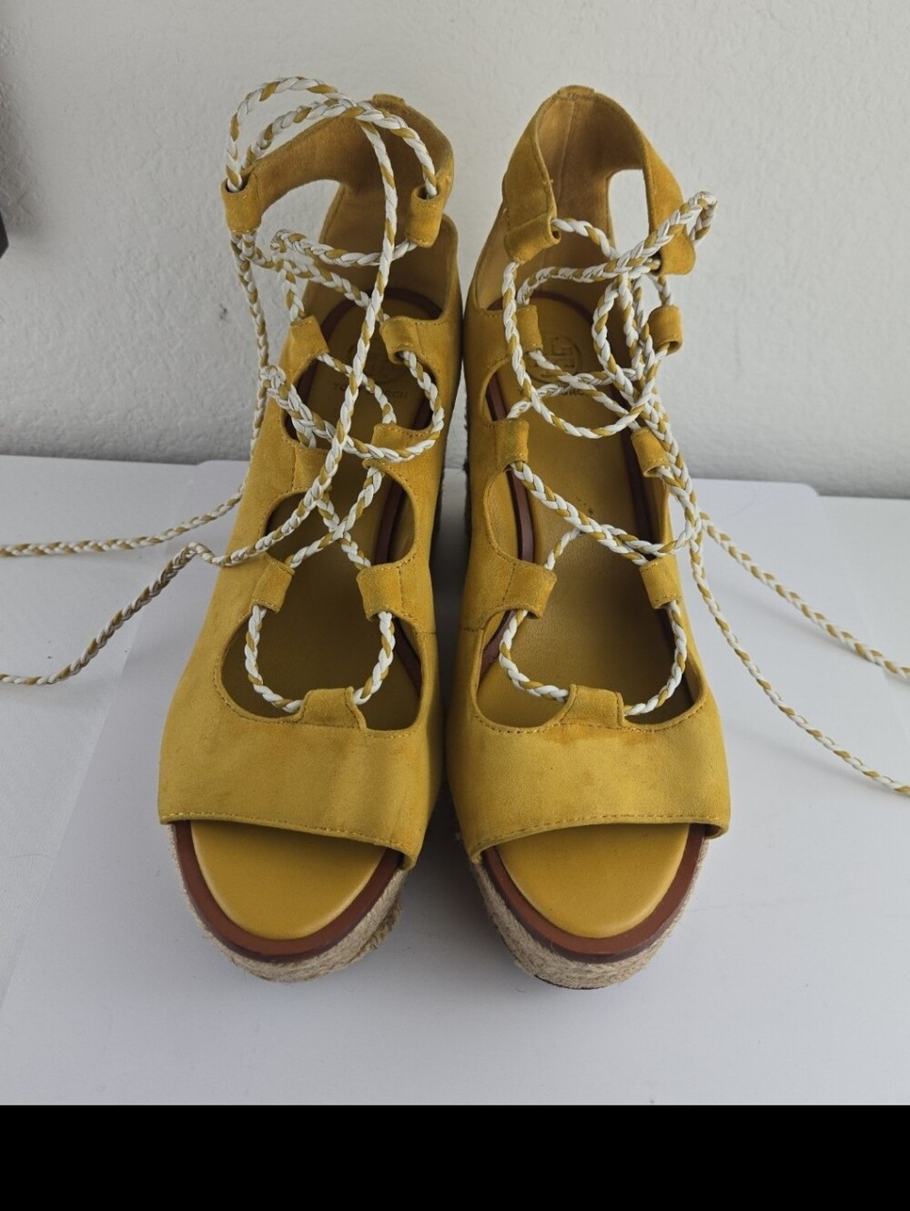 Tory Burch Mustard Yellow Espadrille Lace-Up Wedge Sandals - Picture 2 of 12